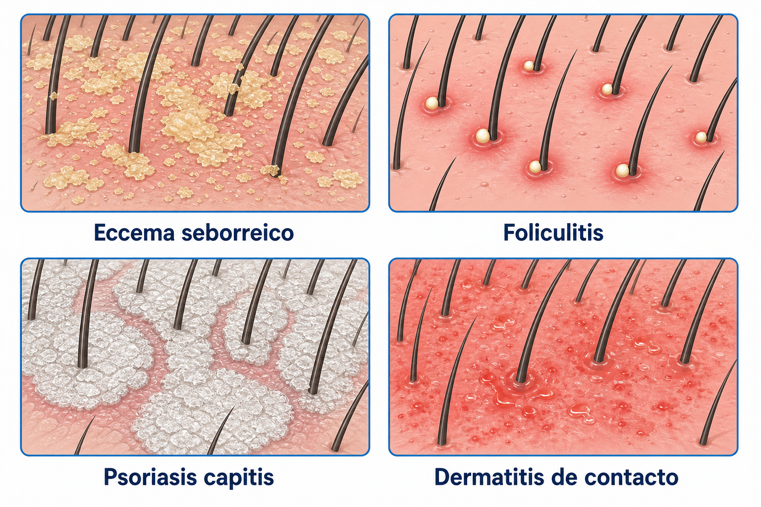 Comparación de las cuatro formas más frecuentes de inflamación del cuero cabelludo: eccema seborreico, foliculitis, psoriasis capitis y dermatitis de contacto