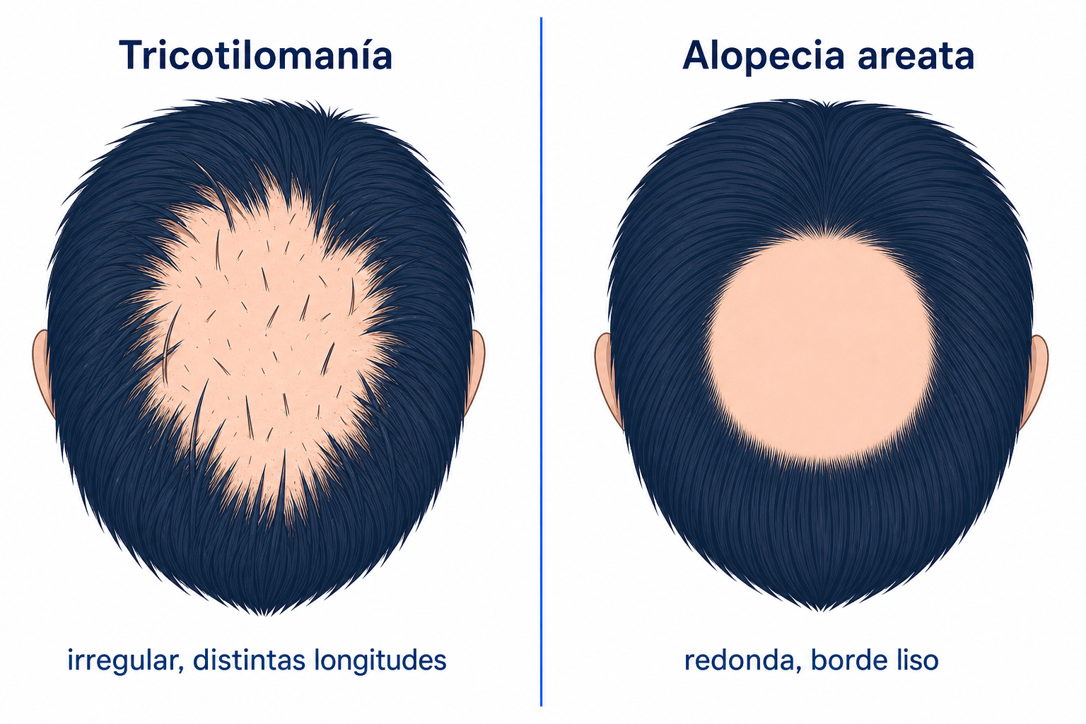 Comparación entre tricotilomanía y alopecia areata: zona irregular con pelos de distinta longitud frente a placa redonda, lisa y sin pelo