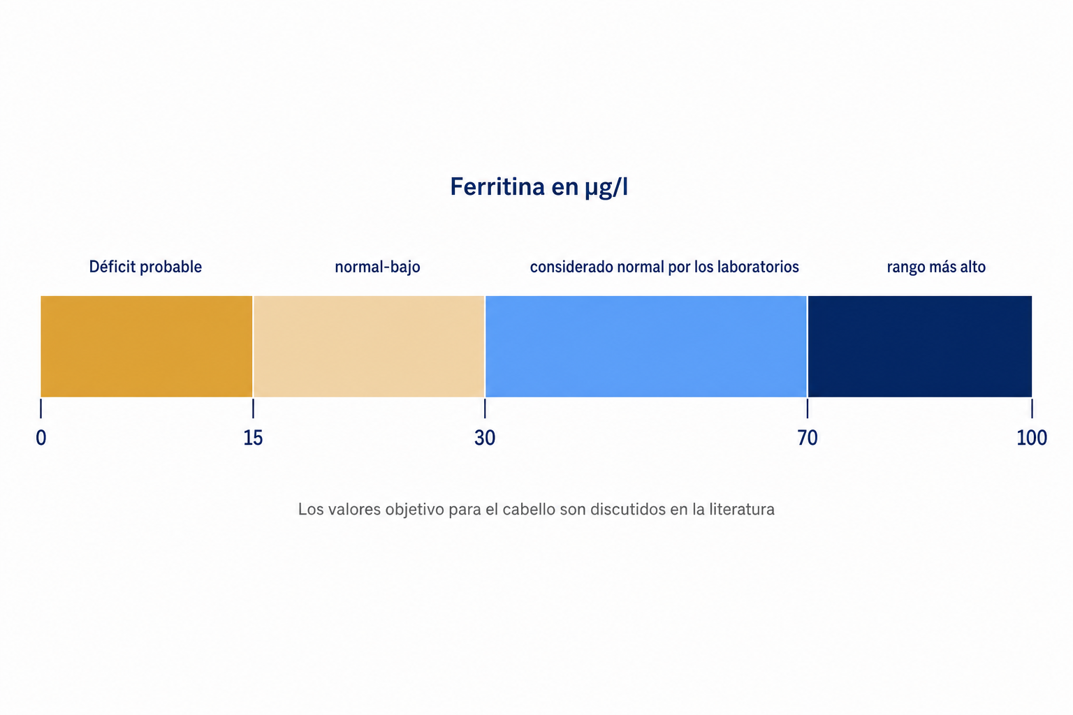 Escala de los rangos de ferritina en microgramos por litro con la indicación de que los valores objetivo para el cabello son discutidos