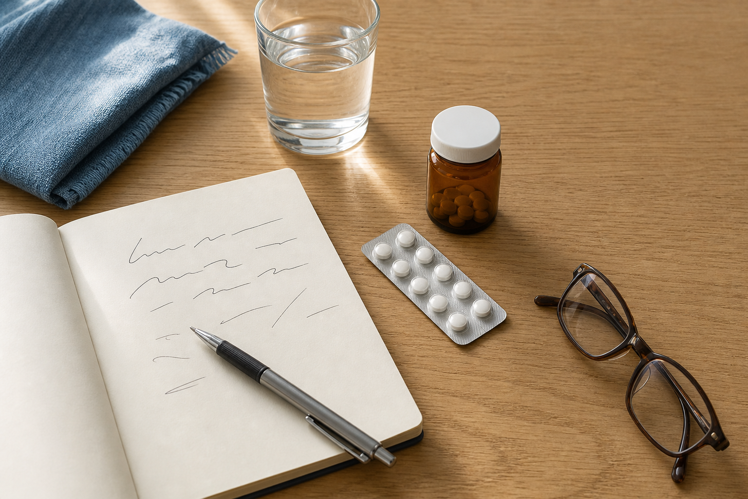 Preparación para la extracción de sangre: bloc de notas, bolígrafo y lista de medicamentos sobre el escritorio