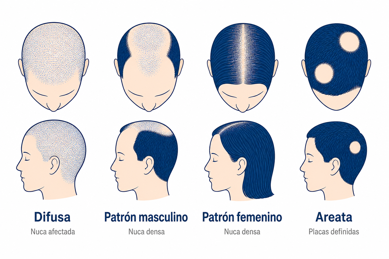 Infografía que compara la caída difusa del cabello, el patrón masculino, el patrón femenino y la alopecia areata
