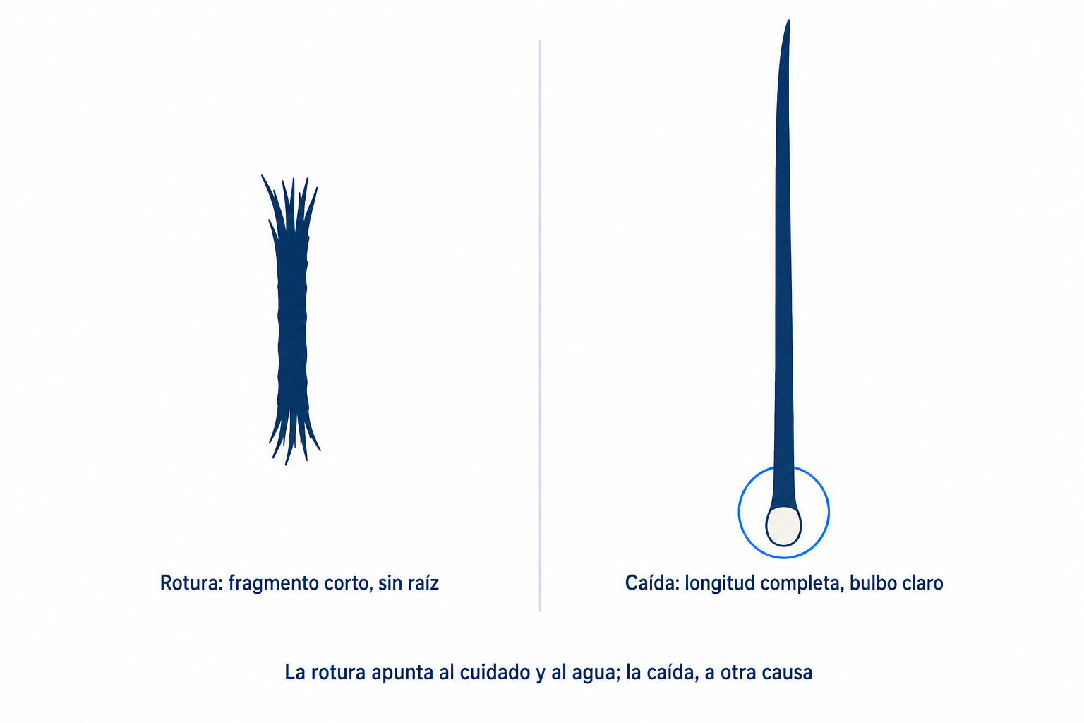Ilustración: pelo roto sin raíz frente a pelo caído con bulbo claro en el extremo