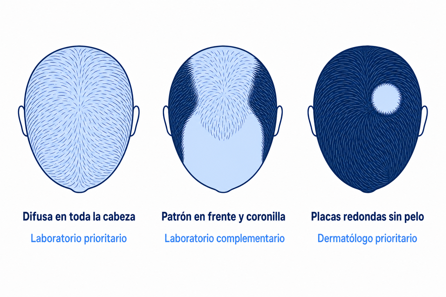 Tres patrones de caída del cabello vistos desde arriba: difusa, patrón en la frente y la coronilla, placas redondas sin pelo