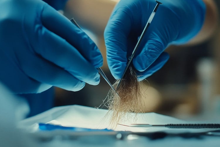 Un chercheur en train d'analyser des poils en laboratoire