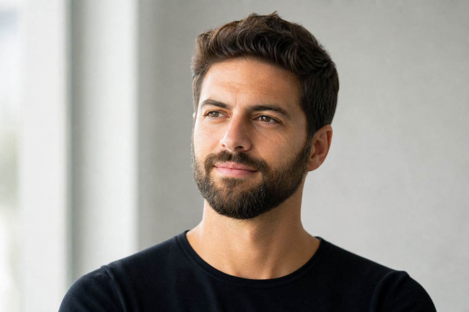 Homme sûr de lui arborant une barbe pleine et homogène comme résultat type d'une greffe de barbe