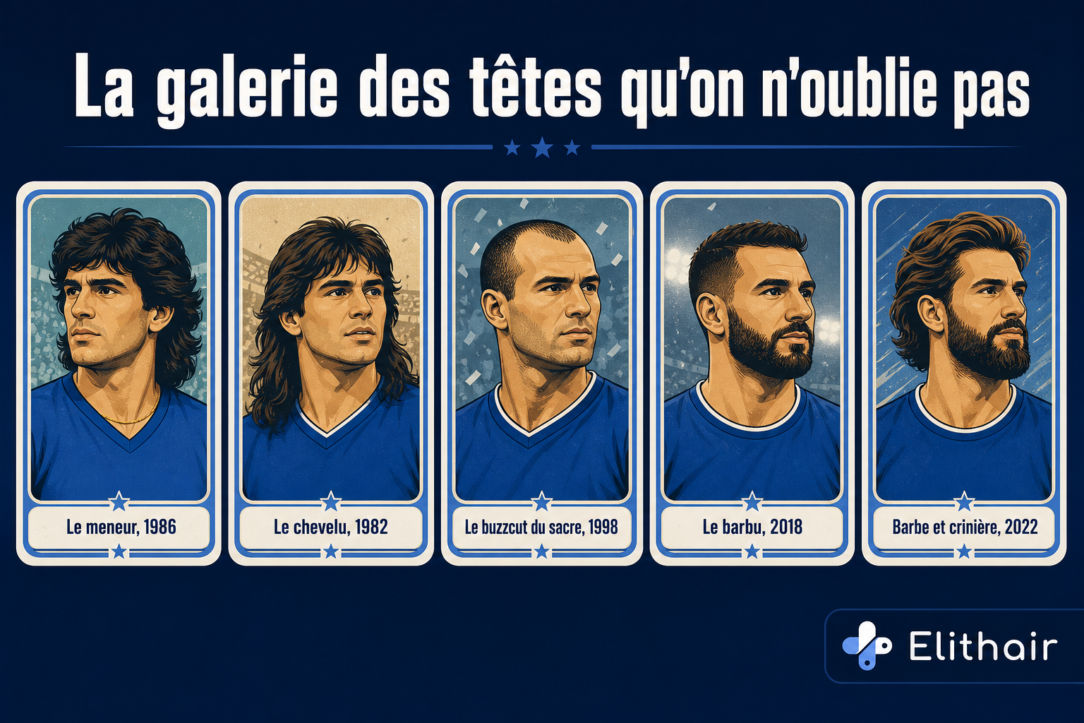 Galerie de cinq portraits stylisés en maillot bleu uni, alignés : meneur des années 1980 à crinière mi-longue et chaîne en or, attaquant à cheveux longs sur le col, joueur en buzzcut au front dégarni, attaquant à barbe pleine compacte, attaquant à barbe pleine et crinière volumineuse