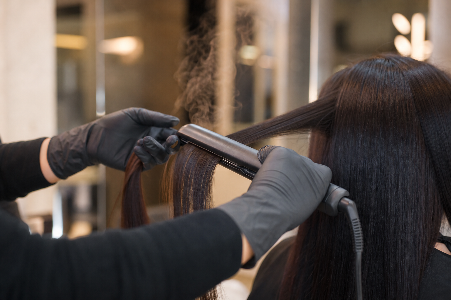 Keratin-Behandlung im Salon: glaetten einer Haarstraehne mit dem Glaetteisen