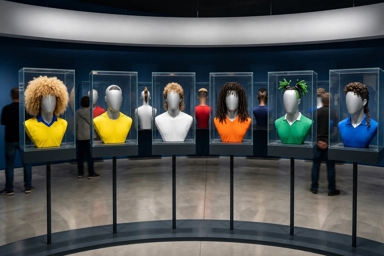 Vitrines de musée présentant les coiffures les plus emblématiques de la Coupe du monde