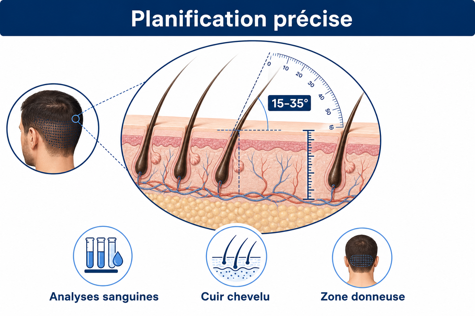 Planification précise d'une greffe de cheveux : angle d'implantation de 15 à 35 degrés, analyse du cuir chevelu et de la zone donneuse