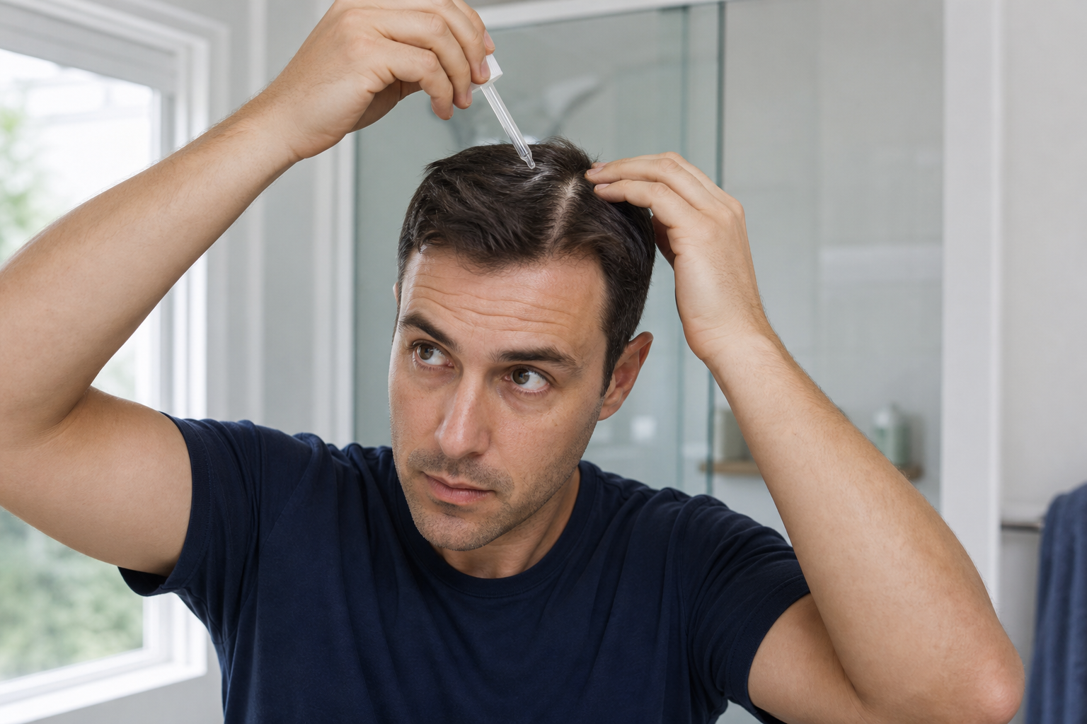 Un homme applique du minoxidil directement sur le cuir chevelu, au sommet du crâne