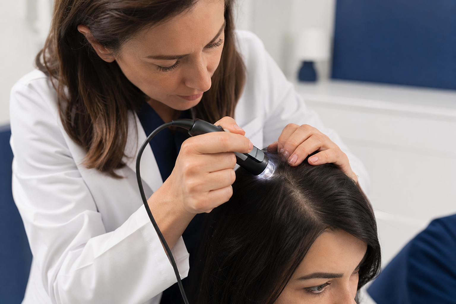 Un dermatologue examine le cuir chevelu à l'aide d'un trichoscope pour déterminer la cause de la chute de cheveux
