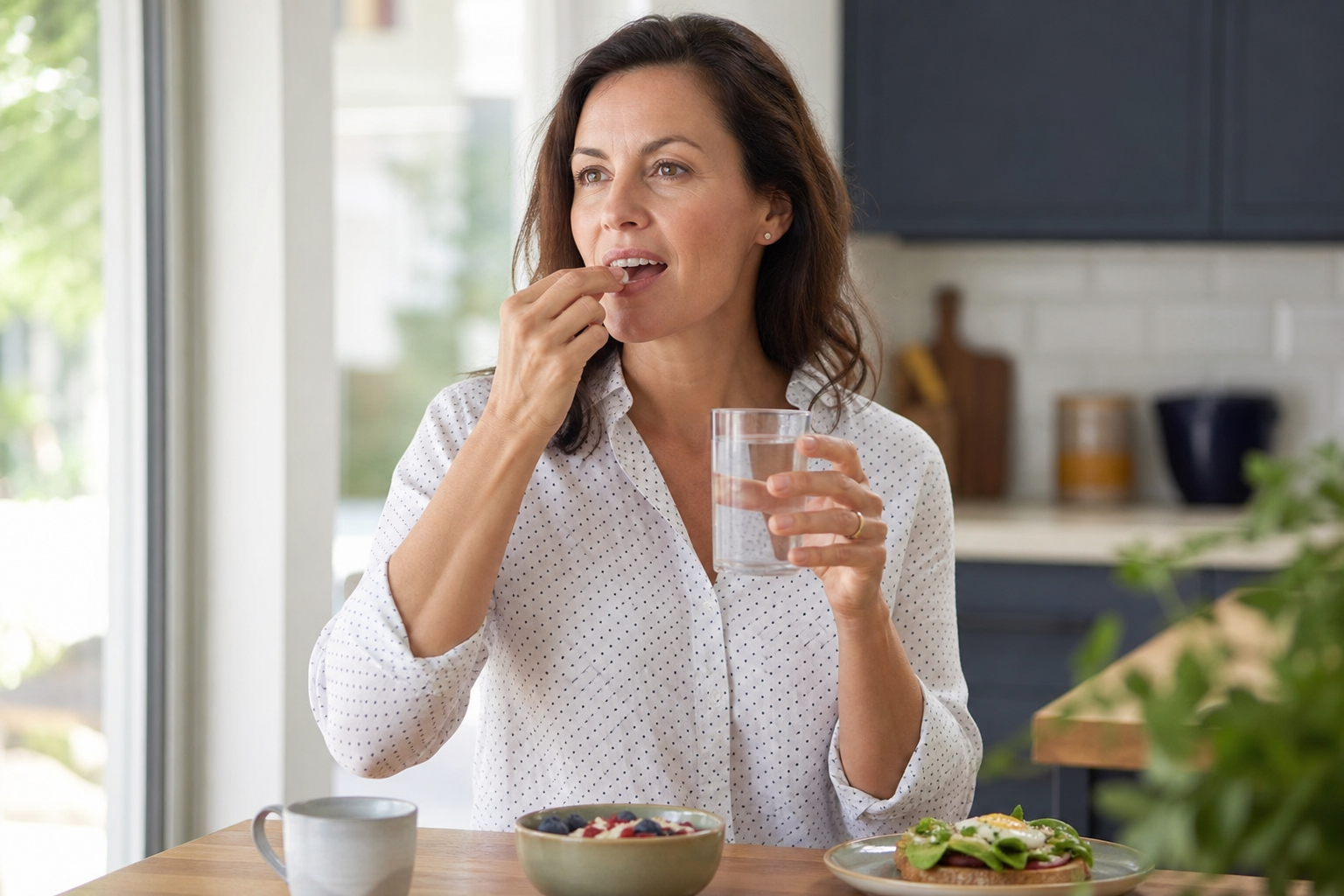 Femme prenant une gélule le matin au petit-déjeuner avec un verre d'eau