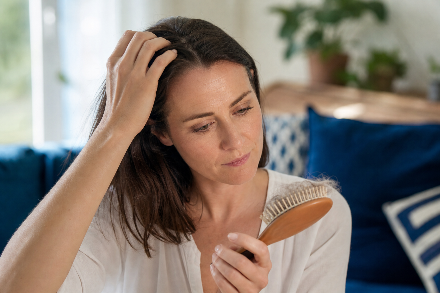 Une femme examine ses cheveux au quotidien, image de la chute de cheveux hormonale après une grossesse ou à la ménopause