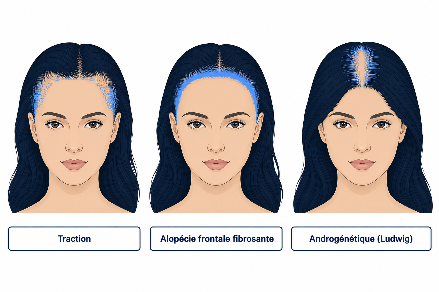 Trois schémas de têtes féminines comparés : traction, alopécie frontale fibrosante et alopécie androgénétique de type Ludwig