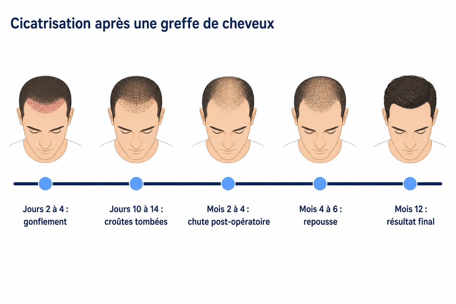 Chronologie de la cicatrisation après une greffe de cheveux, du jour 2 au 12e mois