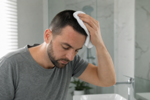 Un homme tamponne délicatement son cuir chevelu avec une serviette après une greffe de cheveux