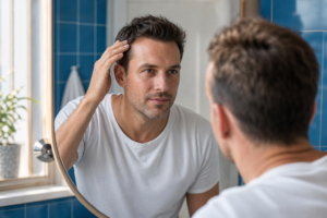 Une personne observe attentivement sa ligne frontale dans le miroir de la salle de bain