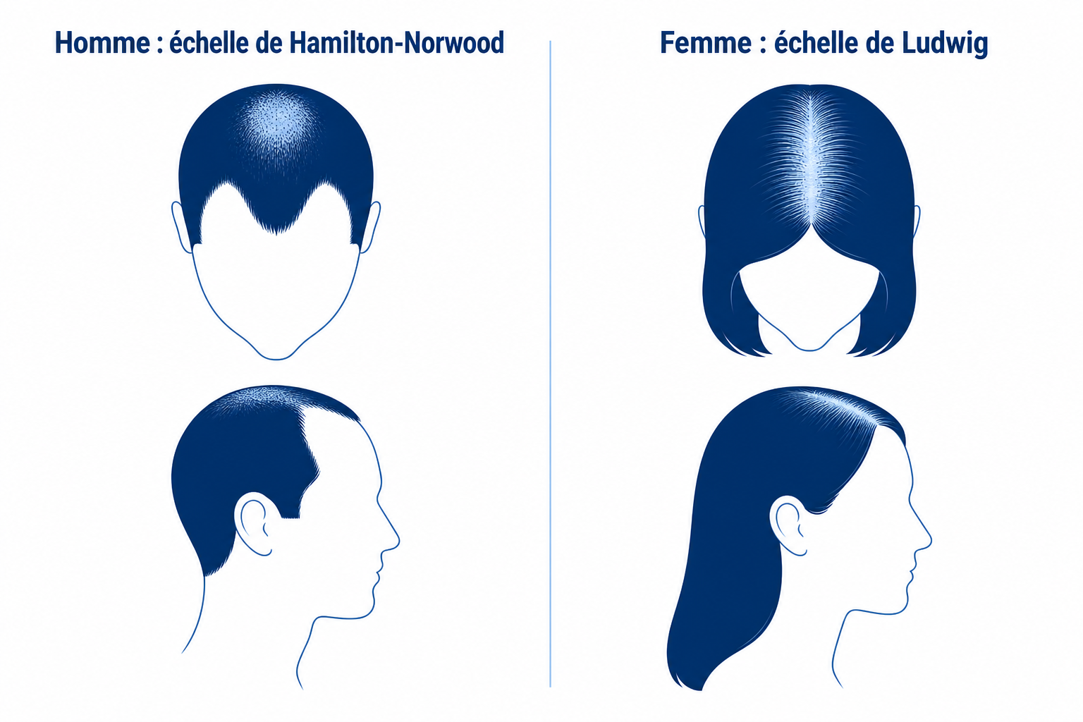 Comparaison des motifs de l'alopécie androgénétique chez l'homme (échelle de Hamilton-Norwood) et chez la femme (échelle de Ludwig), côte à côte