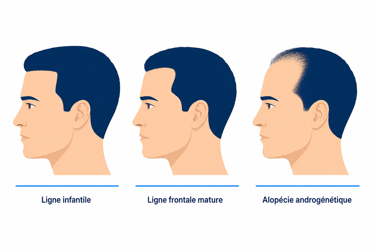 Trois profils de tête comparés : ligne d’implantation de l’enfance, ligne frontale mature et alopécie androgénétique