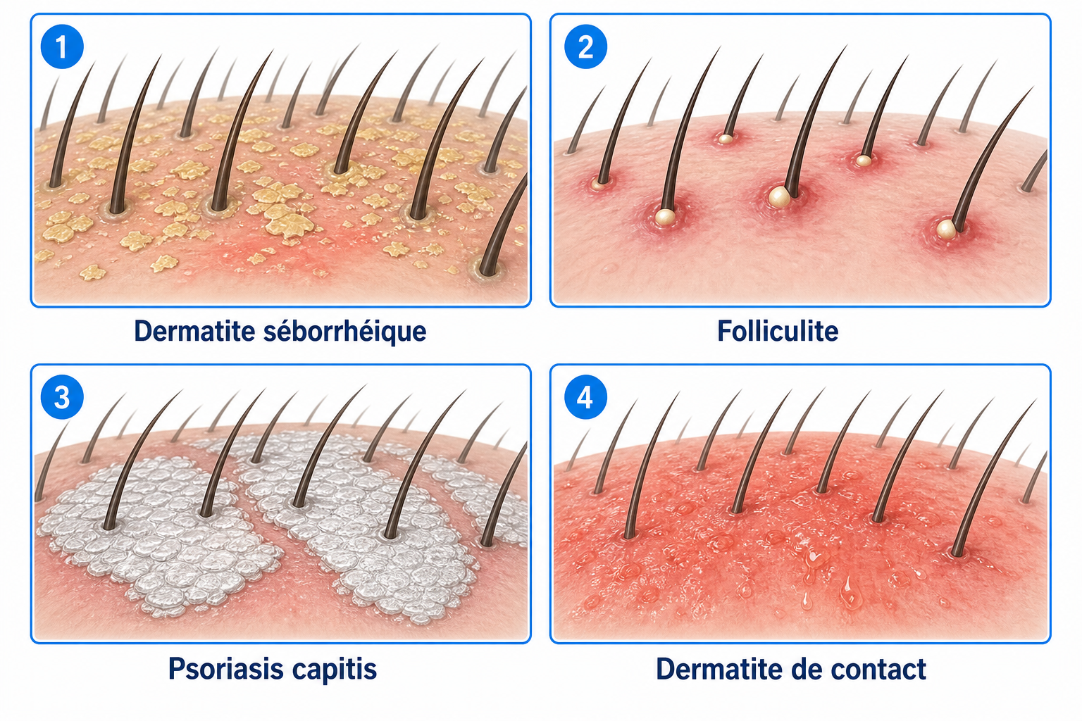 Comparaison des quatre formes les plus fréquentes d'inflammation du cuir chevelu : dermatite séborrhéique, folliculite, psoriasis capitis et dermatite de contact