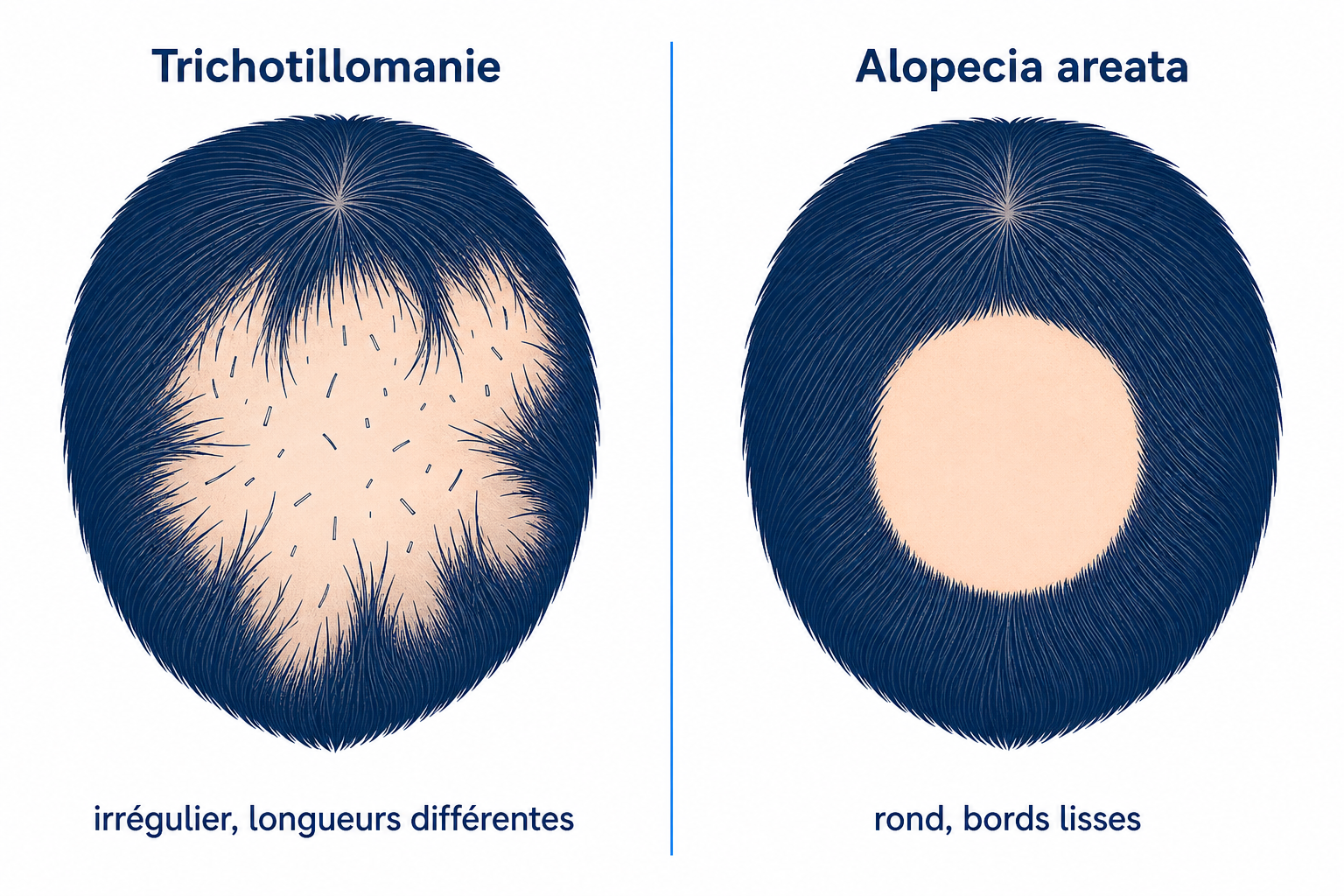 Comparaison trichotillomanie et pelade : zone irrégulière avec des cheveux de longueurs différentes contre plaque ronde et lisse