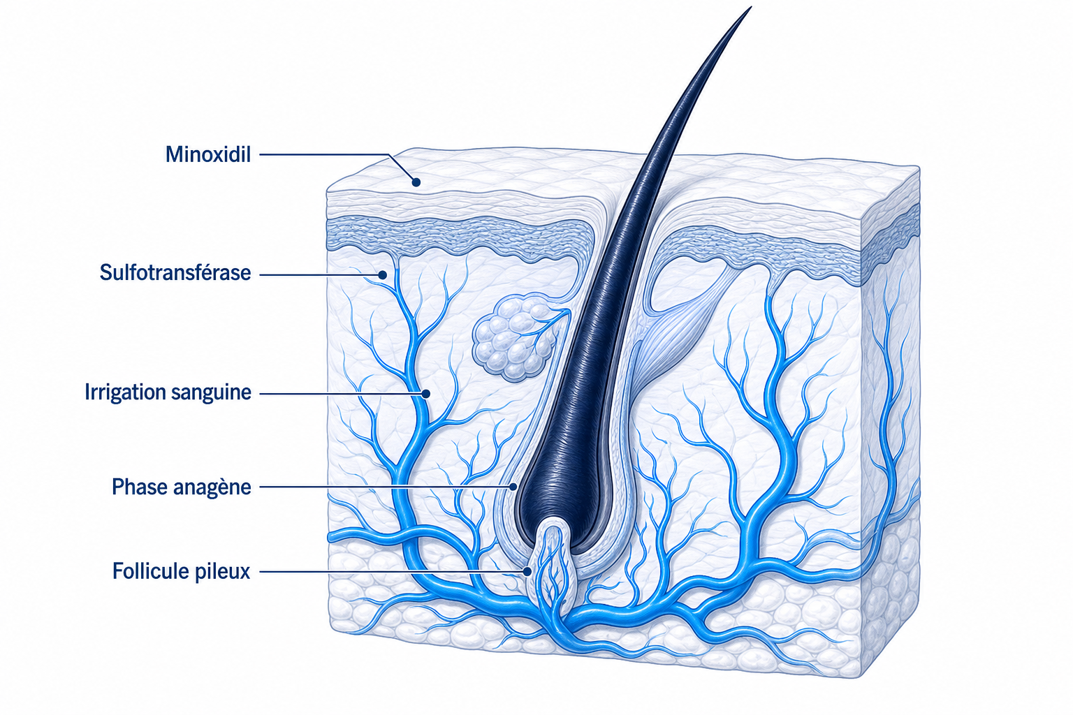 Illustration du mécanisme d'action du minoxidil sur le follicule pileux avec vaisseaux sanguins dilatés