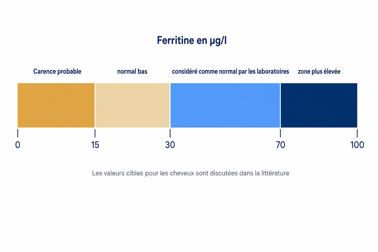 Échelle des zones de ferritine en microgrammes par litre, avec la mention des valeurs cibles discutées pour les cheveux