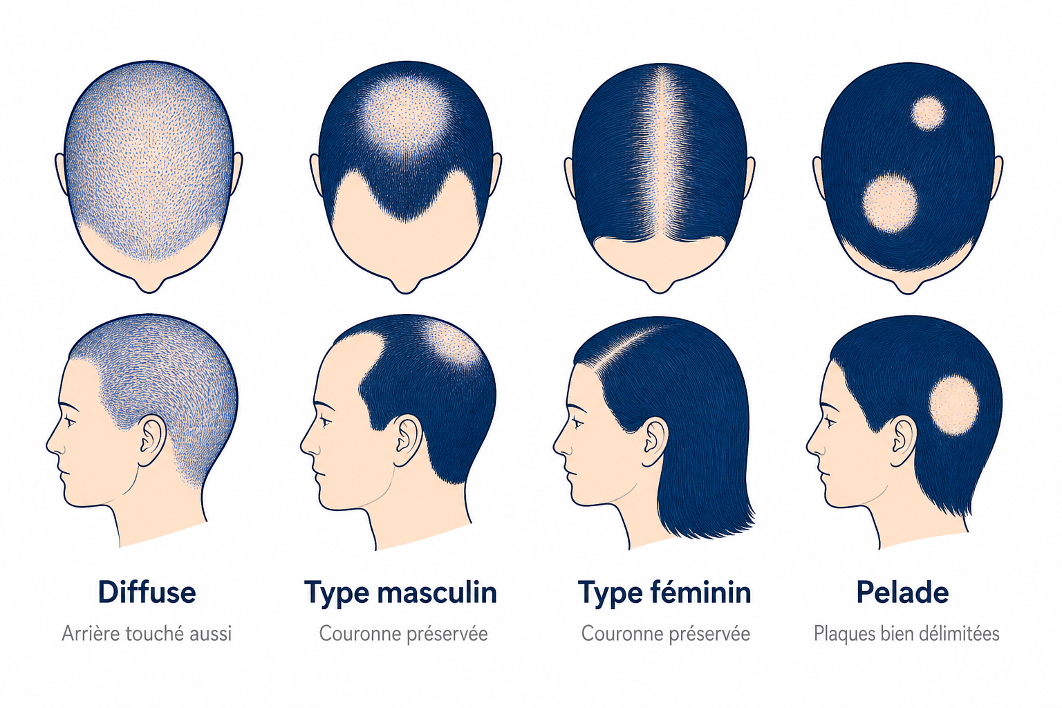 Infographie : comparaison entre la chute de cheveux diffuse, l'alopécie androgénétique masculine et féminine et la pelade
