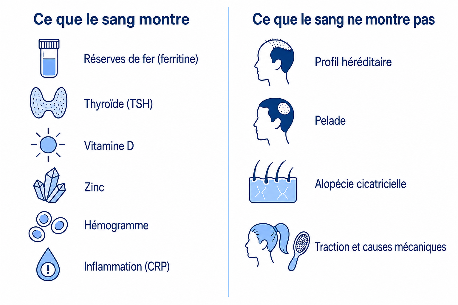 Infographie : ce qu’une analyse de sang montre et ne montre pas en cas de chute de cheveux