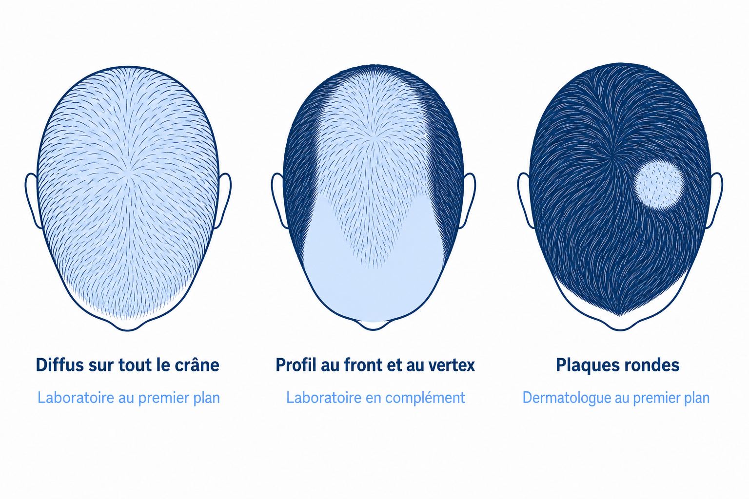 Trois profils de chute vus du dessus : diffus, profil au front et au vertex, plaques rondes