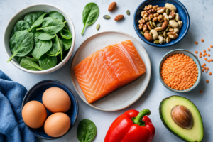 Alimenti ricchi di nutrienti come salmone, spinaci, uova, frutta secca e legumi per capelli sani