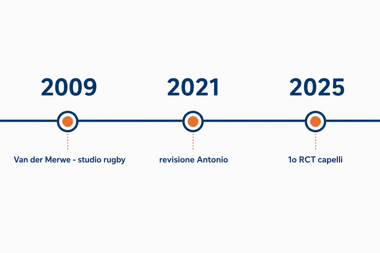 Tabella cronologica degli studi su creatina e caduta dei capelli dal 2009 al 2025
