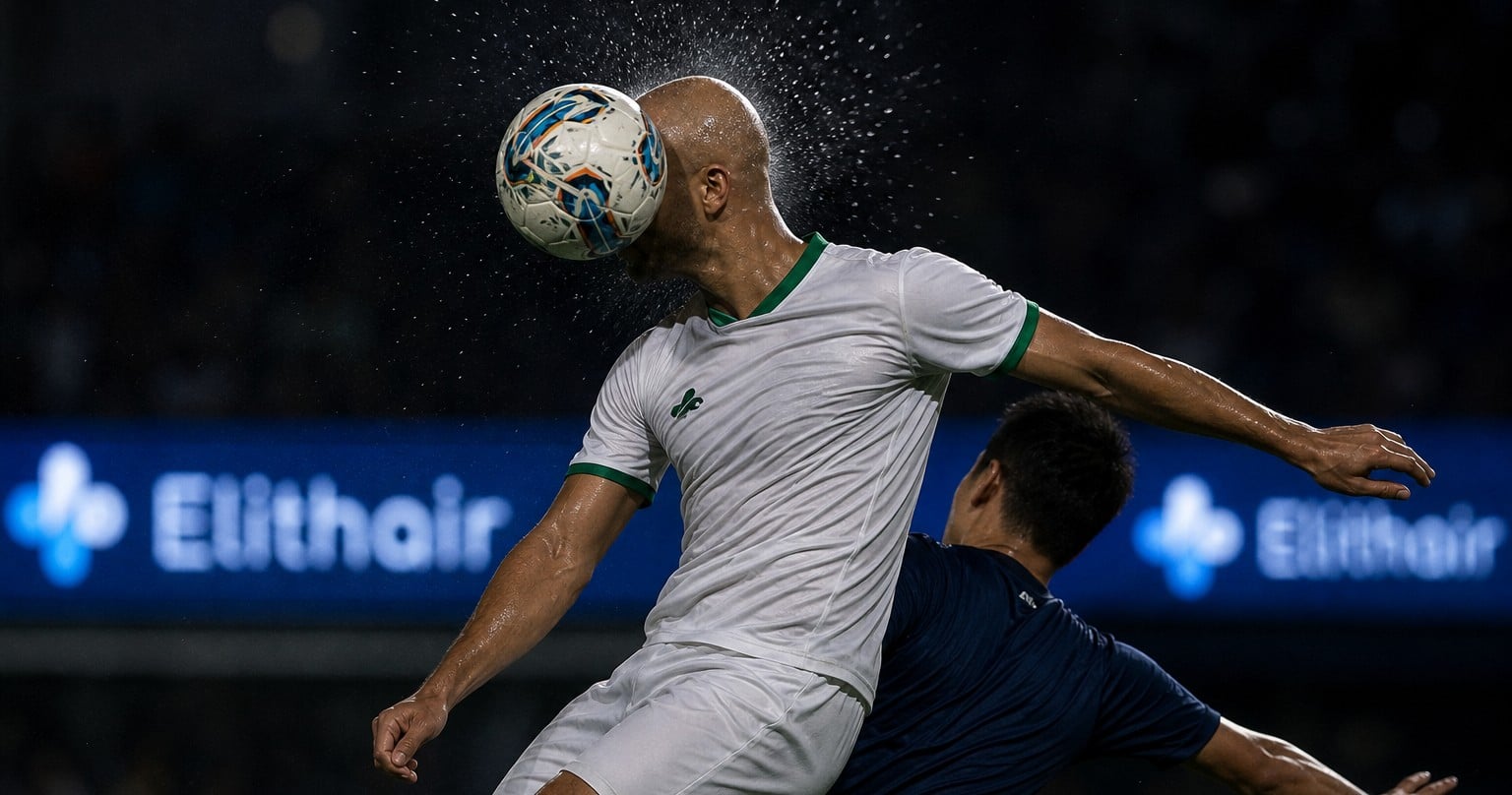Giocatore calvo che colpisce di testa, il pallone gli copre il viso