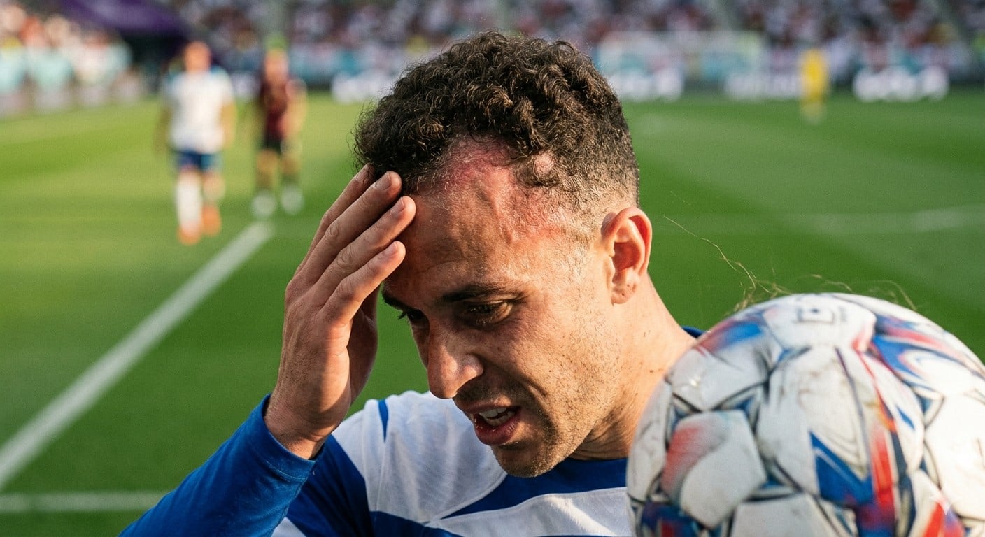 Calciatore con pallone e mano sulla fronte: i colpi di testa causano la caduta dei capelli?