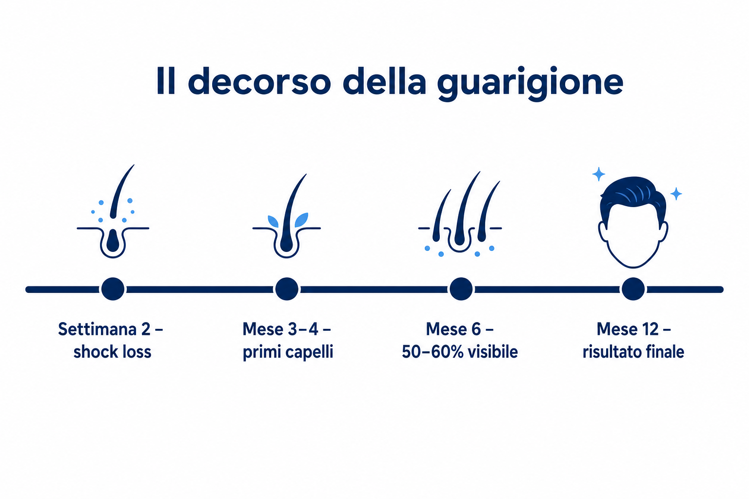 Decorso della guarigione dopo un trapianto di capelli, dallo shock loss al risultato finale dopo dodici mesi