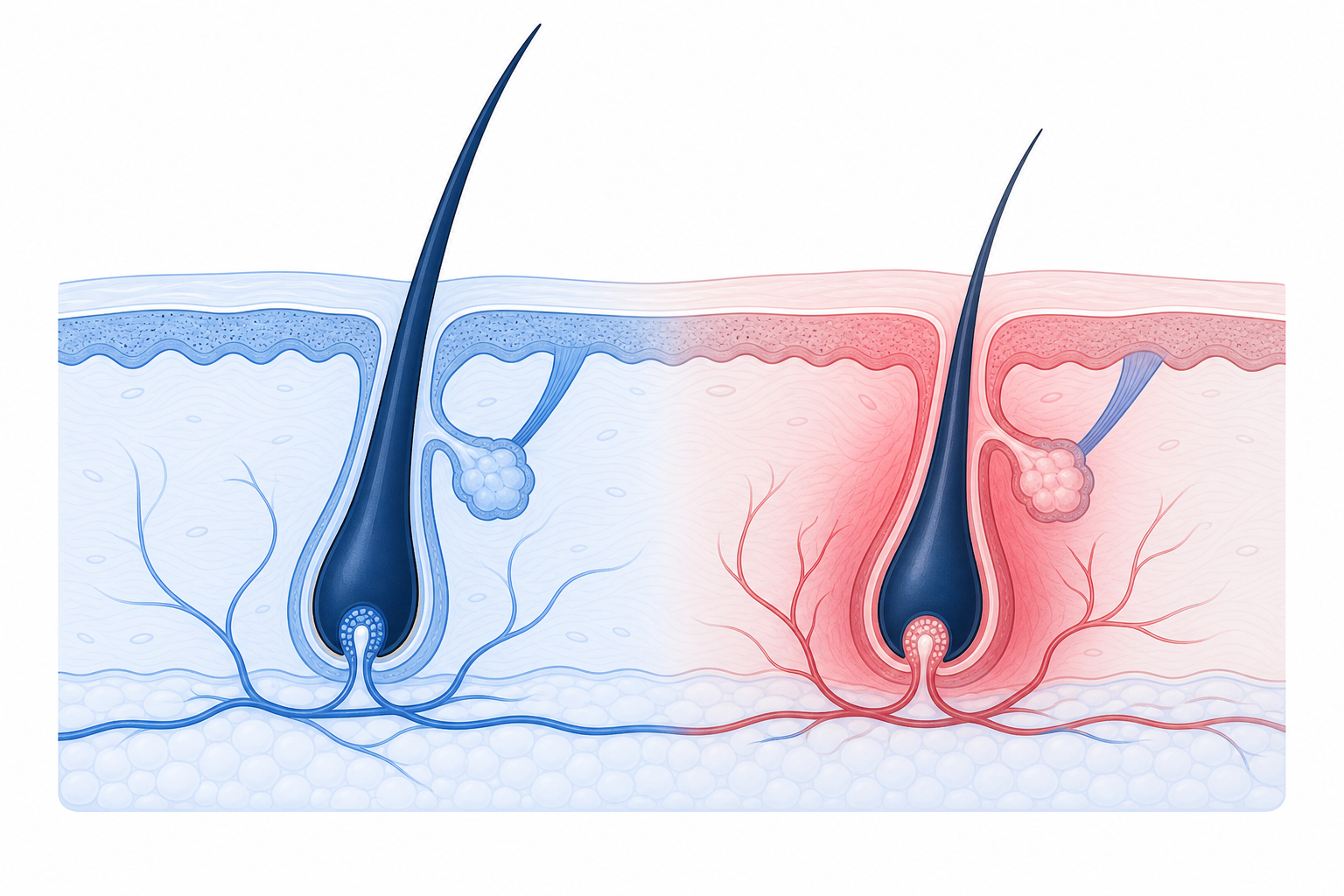 Illustrazione di un follicolo pilifero sano a confronto con uno infiammato nella sezione della pelle