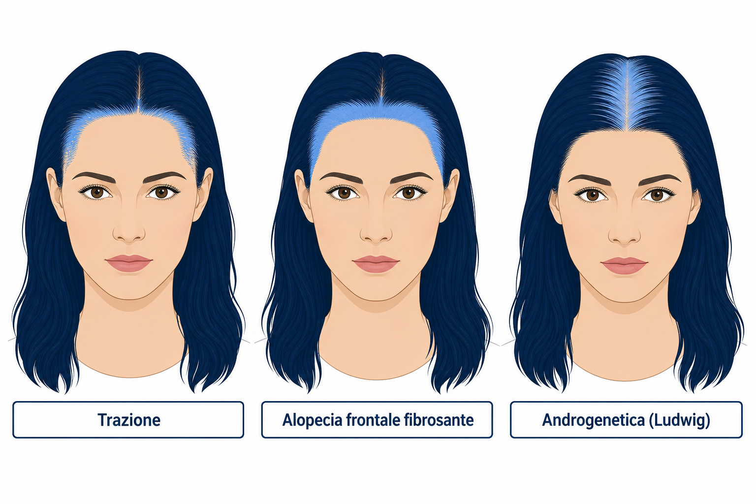 Tre diagrammi di teste femminili a confronto: trazione, alopecia frontale fibrosante e modello androgenetico di Ludwig