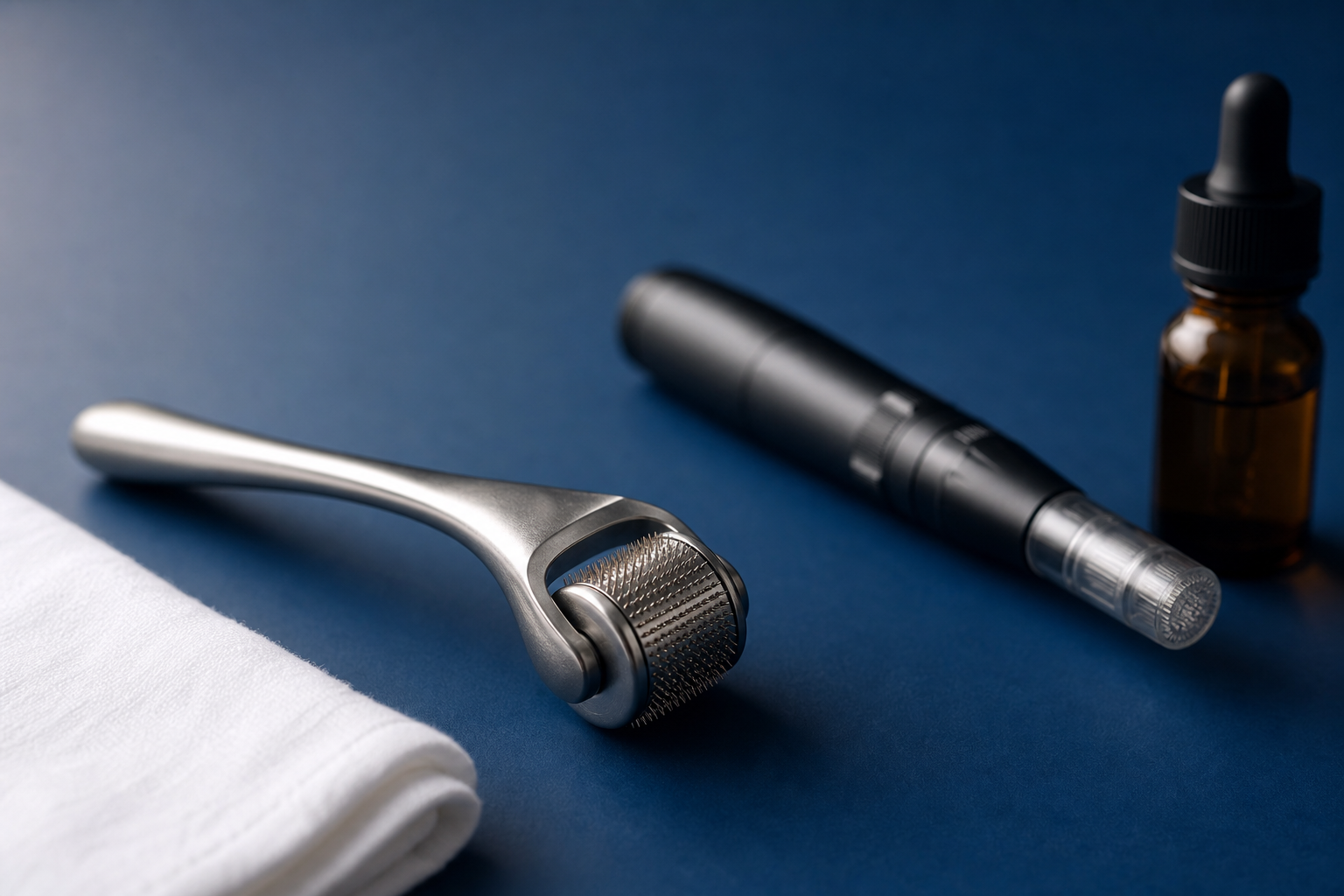 Dermaroller e pen per microneedling su una superficie blu scuro accanto a un flacone con contagocce