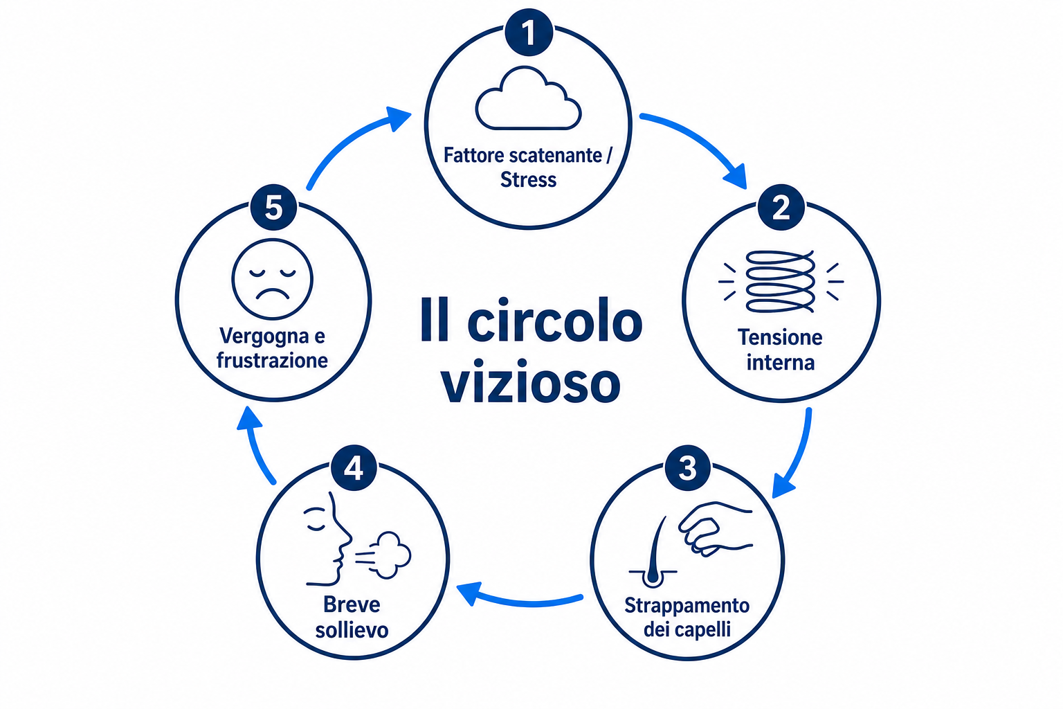 Grafico circolare del circolo vizioso della tricotillomania: fattore scatenante, tensione, strappamento, sollievo, vergogna