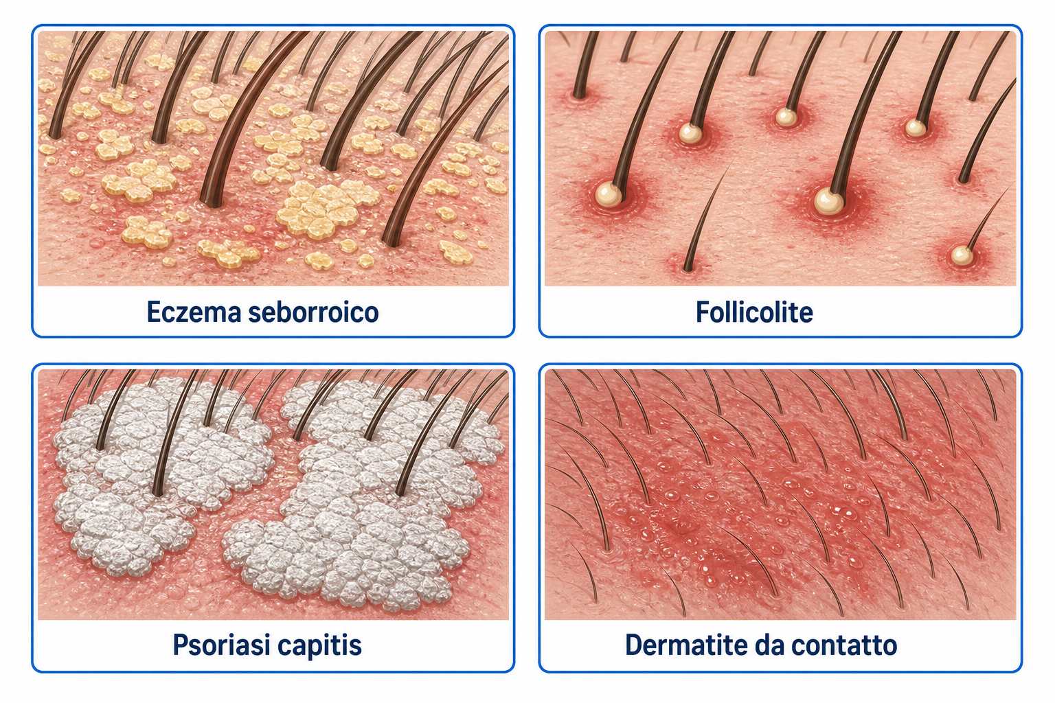 Confronto delle quattro forme più frequenti di infiammazione del cuoio capelluto: eczema seborroico, follicolite, psoriasi capitis e dermatite da contatto