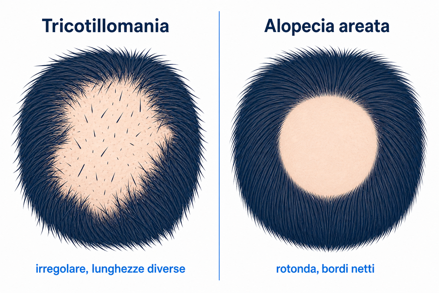 Confronto tra tricotillomania e alopecia areata: area irregolare con capelli di lunghezze diverse contro chiazza rotonda, liscia e glabra