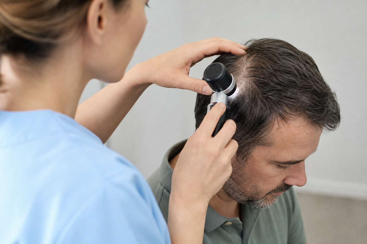 Un operatore esamina con un dermatoscopio il cuoio capelluto di un paziente durante l'analisi dei capelli