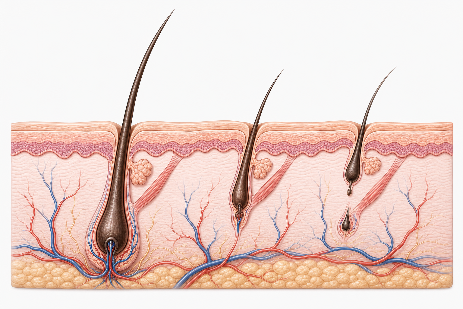 Illustrazione delle fasi del ciclo del capello in sezione cutanea: follicolo attivo, fase di transizione e fase di riposo