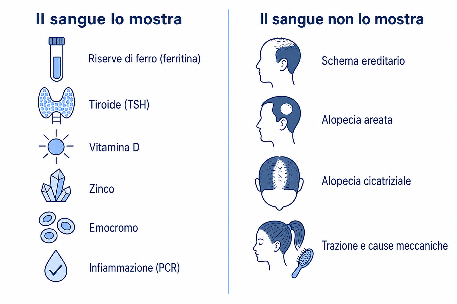 Infografica: che cosa mostra un esame del sangue nella caduta dei capelli e che cosa non mostra