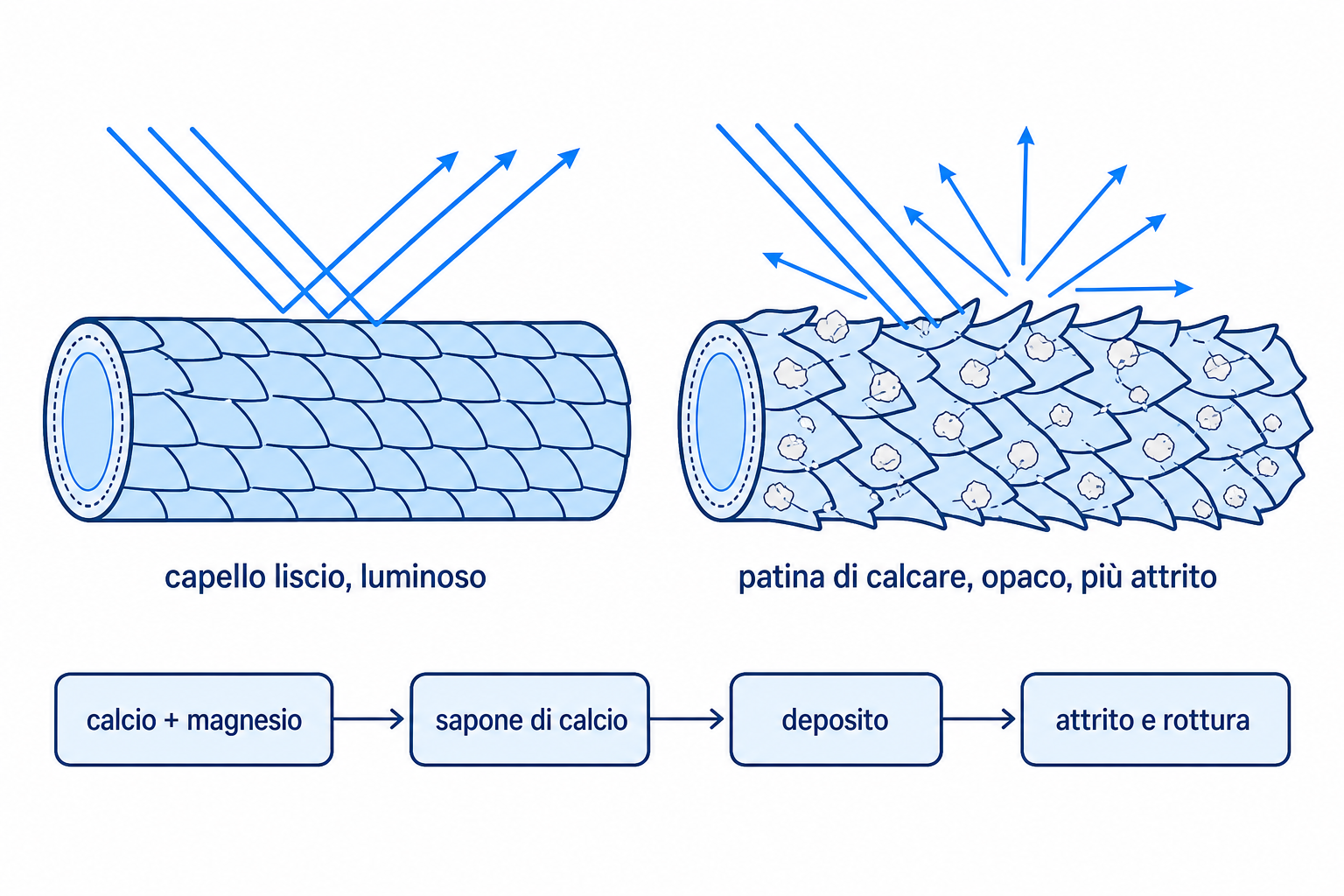 Illustrazione: fusto del capello con cuticola liscia a confronto con fusto ricoperto da una pellicola di calcare da acqua dura