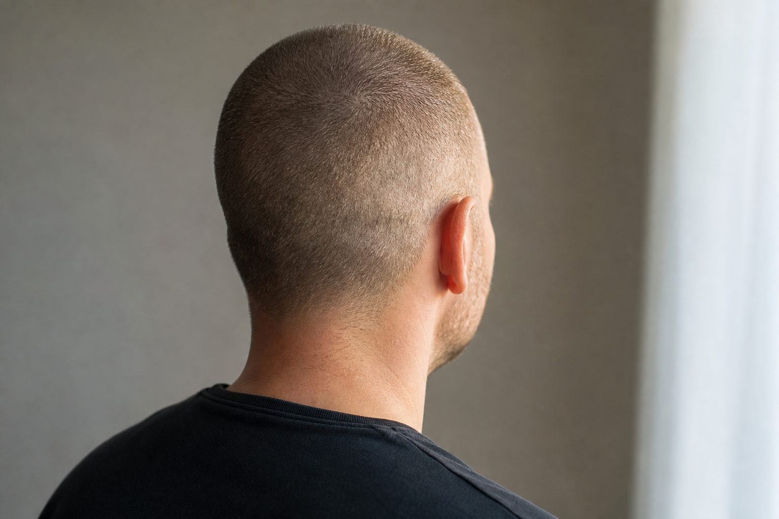 Uomo con taglio molto corto ripreso di tre quarti da dietro: il contrasto tra capelli e cuoio capelluto si nota appena