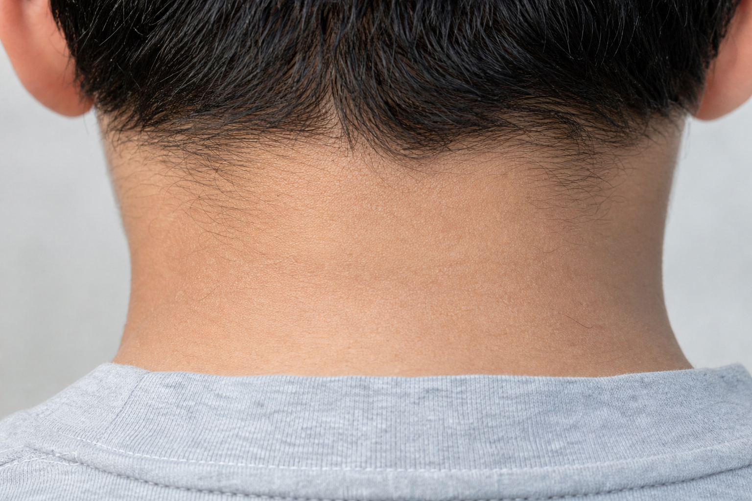 Primo piano dell'attaccatura bassa dei capelli sul collo alla luce del giorno