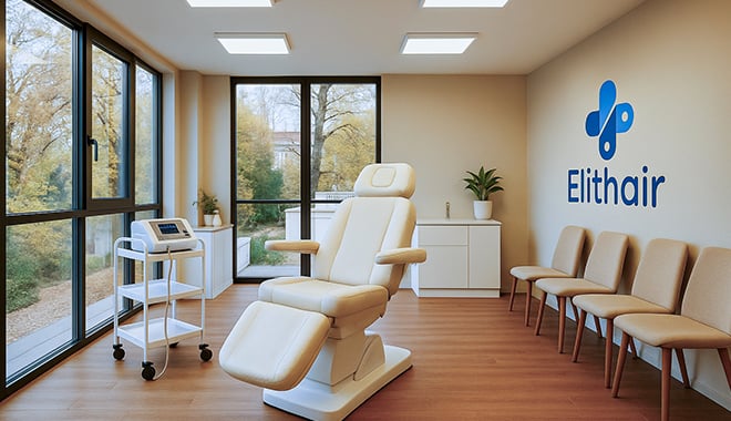 Sala de tratamento do centro PRP da Elithair em Leipzig
