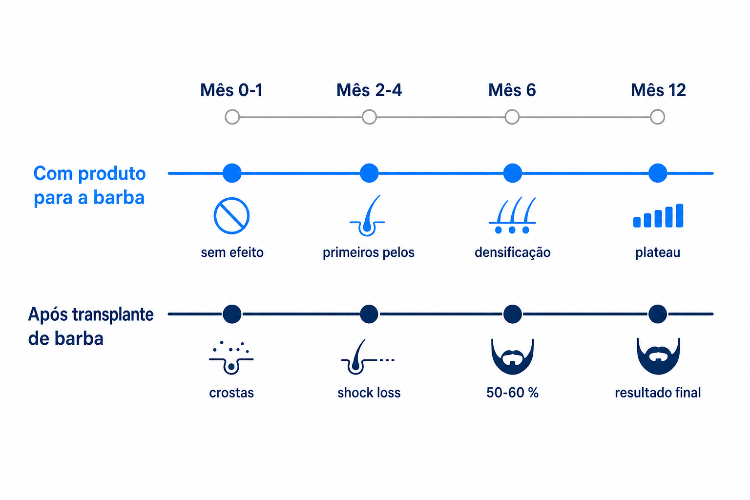 Infografia da cronologia do crescimento da barba com produto para a barba em comparação com o transplante de barba do mês 0 ao 12