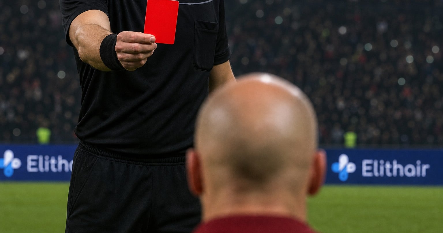 Árbitro a mostrar o cartão vermelho a um jogador careca